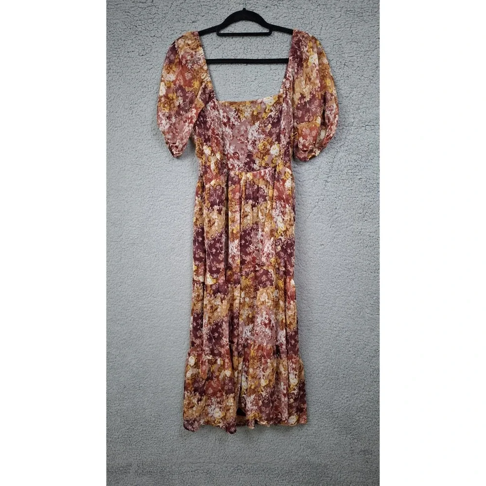 Lauren Conrad Autumn Floral Puff Sleeve Dress Women's Large Smocked Midi